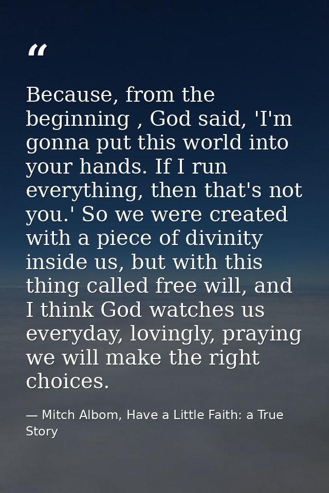 Because, from the beginning , God said, 'I'm gonna put this world into your hands. If I run everything, then that's not  — Mitch Albom, Have a Little Faith: a True Story