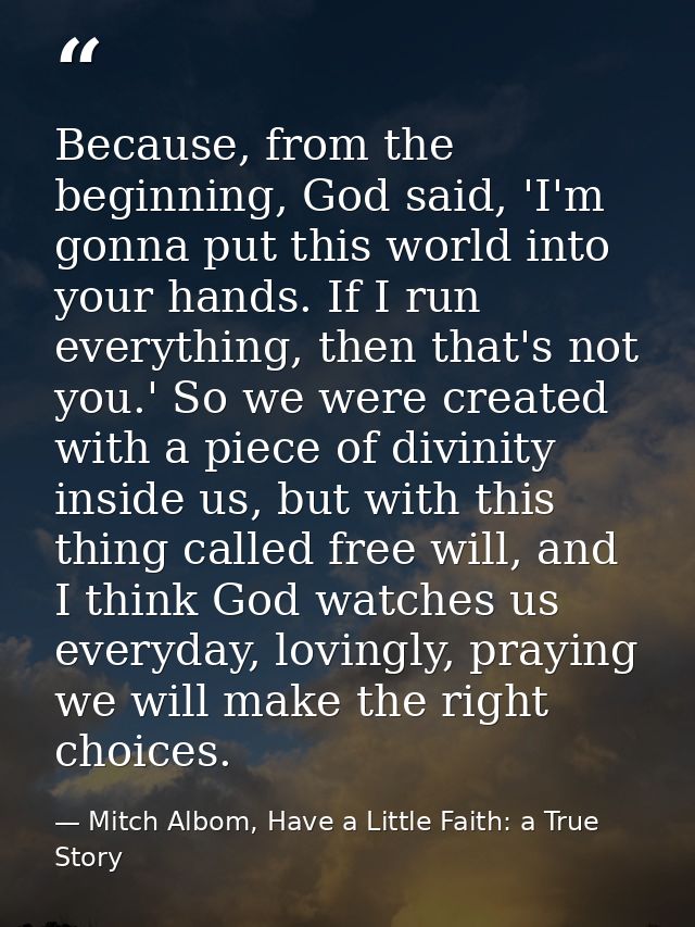 Because, from the beginning, God said, 'I'm gonna put this world into your hands. If I run everything, then that's not y — Mitch Albom, Have a Little Faith: a True Story