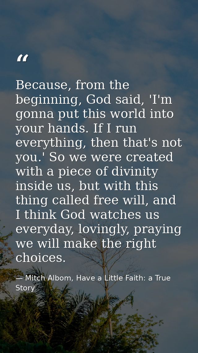 Because, from the beginning, God said, 'I'm gonna put this world into your hands. If I run everything, then that's not y — Mitch Albom, Have a Little Faith: a True Story