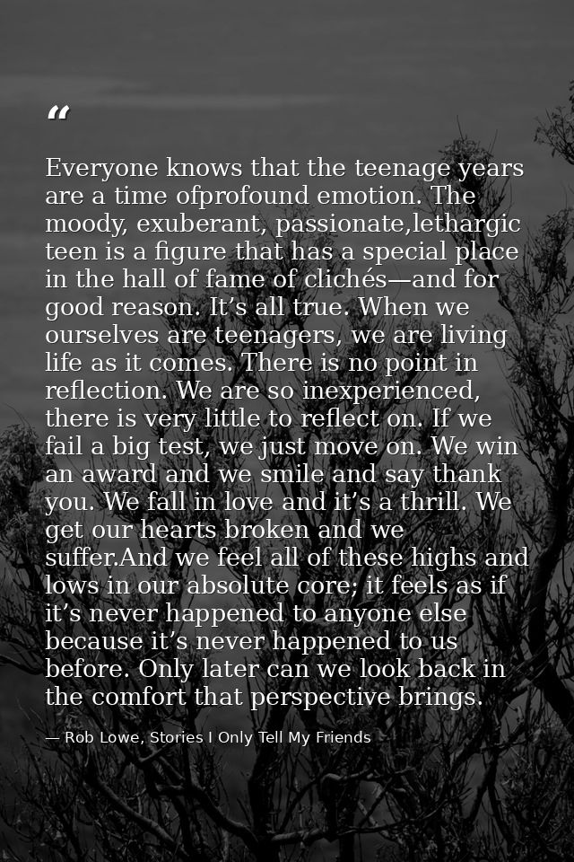 Everyone knows that the teenage years are a time ofprofound emotion. The moody, exuberant, passionate,lethargic teen is  — Rob Lowe, Stories I Only Tell My Friends