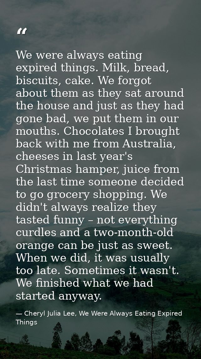We were always eating expired things. Milk, bread, biscuits, cake. We forgot about them as they sat around the house and — Cheryl Julia Lee, We Were Always Eating Expired Things