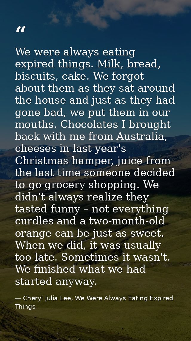 We were always eating expired things. Milk, bread, biscuits, cake. We forgot about them as they sat around the house and — Cheryl Julia Lee, We Were Always Eating Expired Things