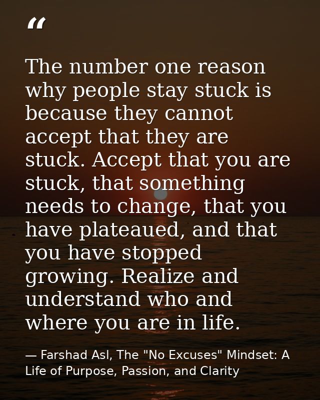 The number one reason why people stay stuck is because they cannot accept that they are stuck. Accept that you are stuck — Farshad Asl, The "No Excuses" Mindset: A Life of Purpose, Passion, and Clarity