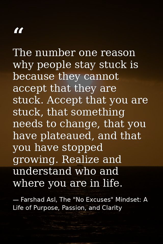 The number one reason why people stay stuck is because they cannot accept that they are stuck. Accept that you are stuck — Farshad Asl, The "No Excuses" Mindset: A Life of Purpose, Passion, and Clarity