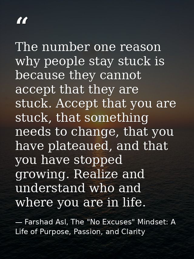 The number one reason why people stay stuck is because they cannot accept that they are stuck. Accept that you are stuck — Farshad Asl, The "No Excuses" Mindset: A Life of Purpose, Passion, and Clarity