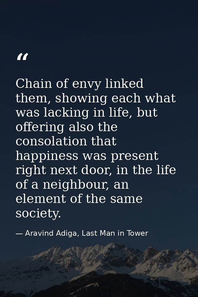 Chain of envy linked them, showing each what was lacking in life, but offering also the consolation that happiness was p — Aravind Adiga, Last Man in Tower