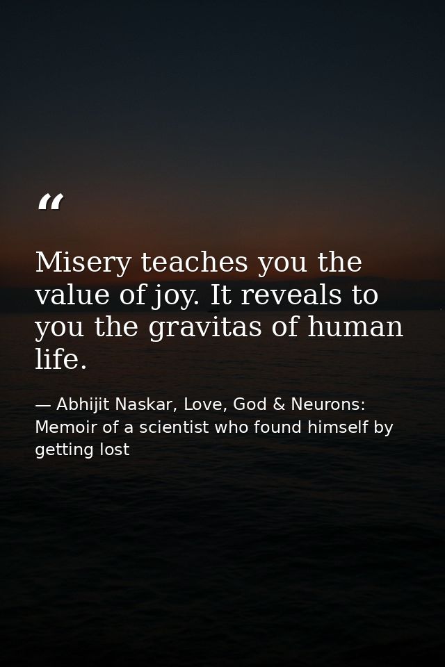 Misery teaches you the value of joy. It reveals to you the gravitas of human life. — Abhijit Naskar, Love, God & Neurons: Memoir of a scientist who found himself by getting lost