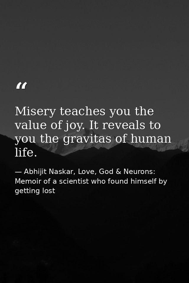 Misery teaches you the value of joy. It reveals to you the gravitas of human life. — Abhijit Naskar, Love, God & Neurons: Memoir of a scientist who found himself by getting lost