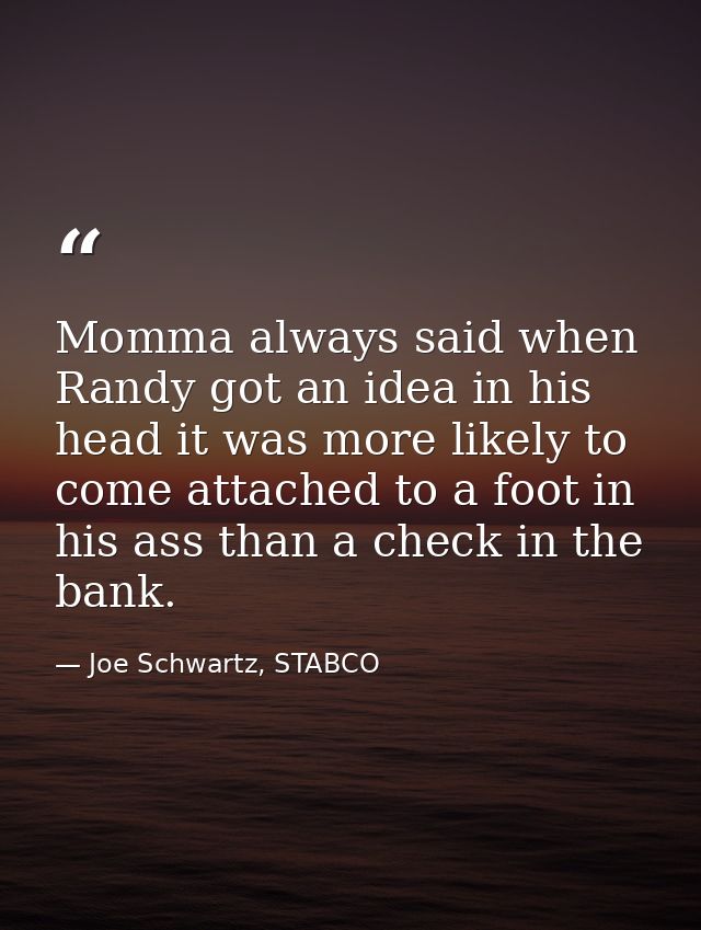 Momma always said when Randy got an idea in his head it was more likely to come attached to a foot in his ass than a che — Joe Schwartz, STABCO