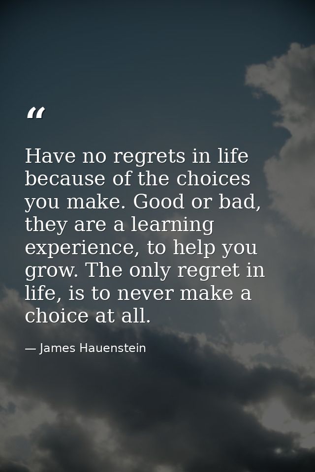 Have no regrets in life because of the choices you make. Good or bad, they are a learning experience, to help you grow.  — James Hauenstein
