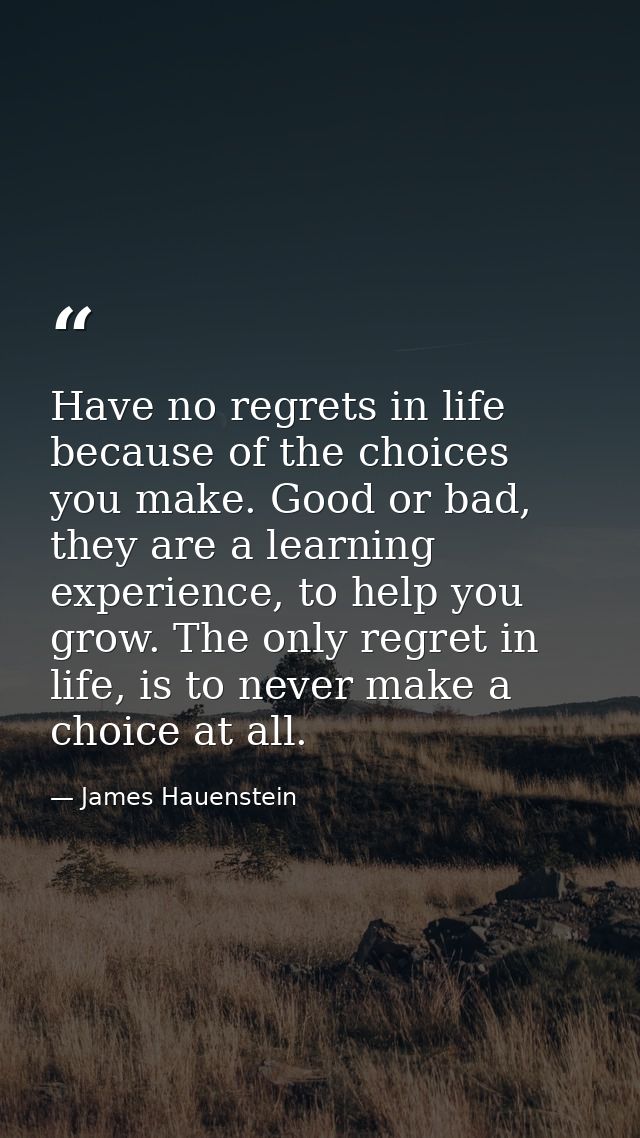 Have no regrets in life because of the choices you make. Good or bad, they are a learning experience, to help you grow.  — James Hauenstein