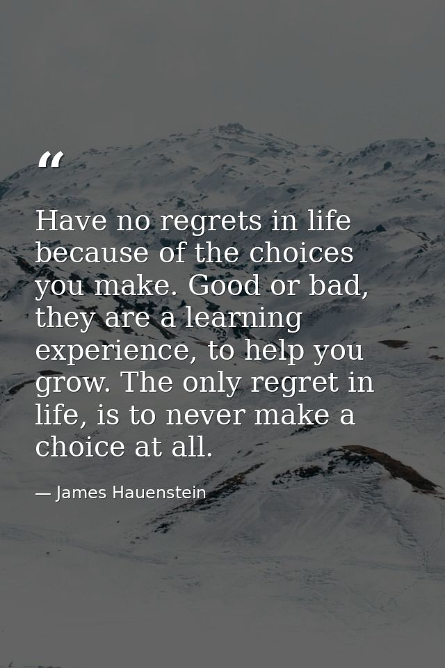Have no regrets in life because of the choices you make. Good or bad, they are a learning experience, to help you grow.  — James Hauenstein