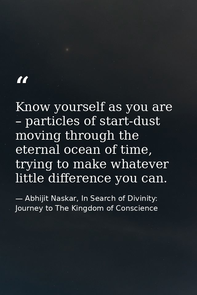 Know yourself as you are – particles of start-dust moving through the eternal ocean of time, trying to make whatever lit — Abhijit Naskar, In Search of Divinity: Journey to The Kingdom of Conscience
