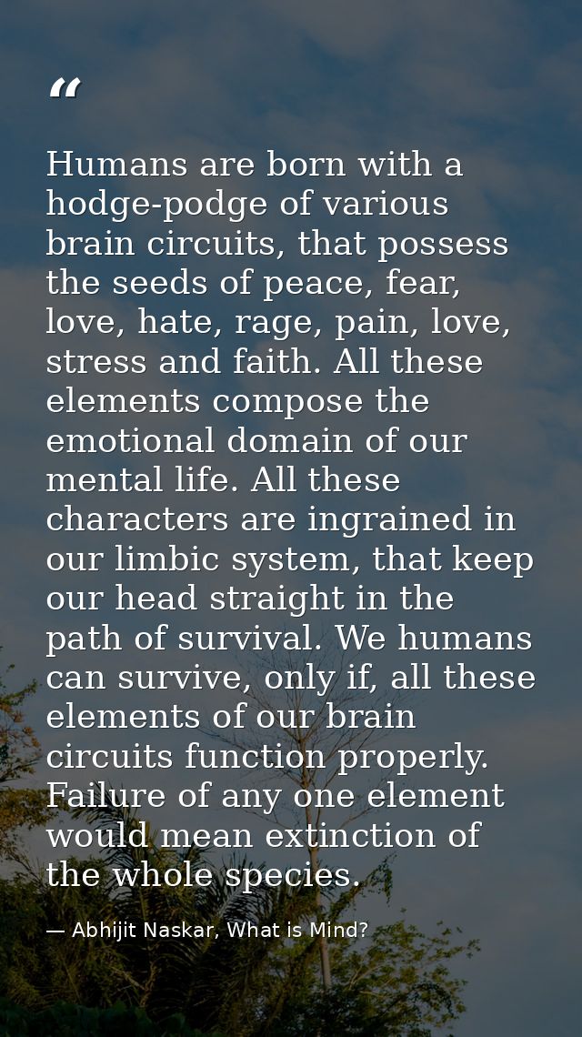 Humans are born with a hodge-podge of various brain circuits, that possess the seeds of peace, fear, love, hate, rage, p — Abhijit Naskar, What is Mind?
