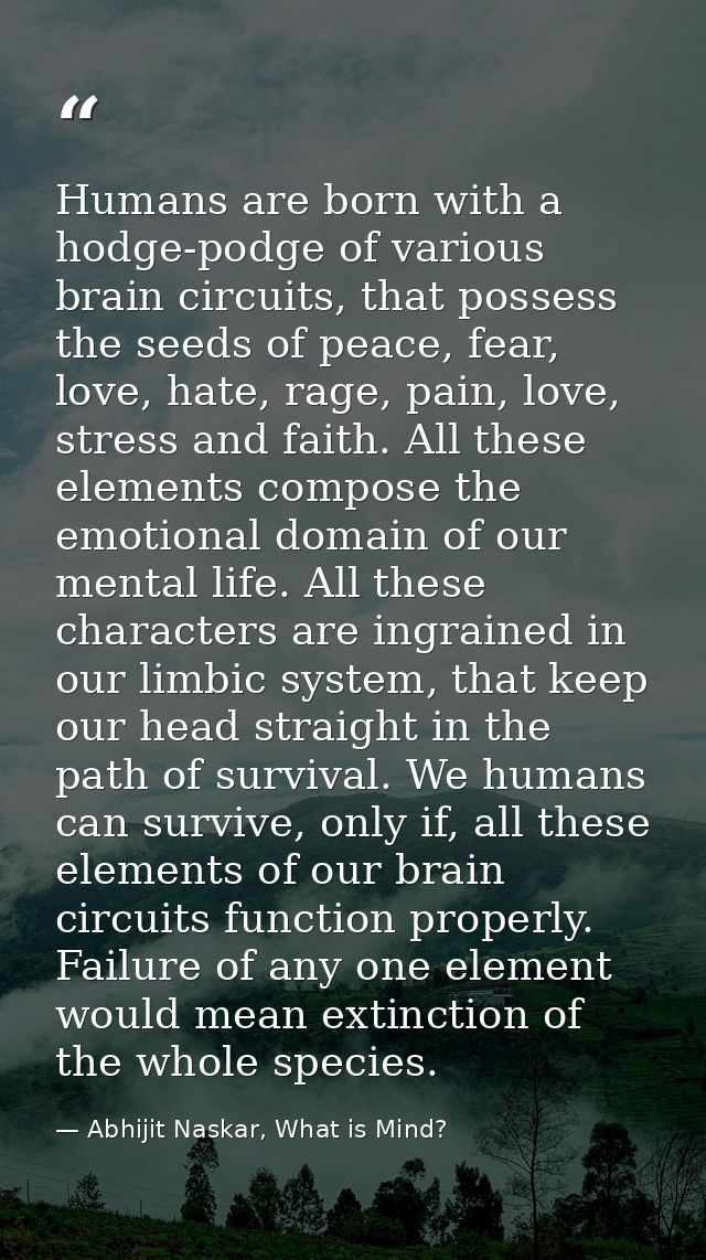 Humans are born with a hodge-podge of various brain circuits, that possess the seeds of peace, fear, love, hate, rage, p — Abhijit Naskar, What is Mind?