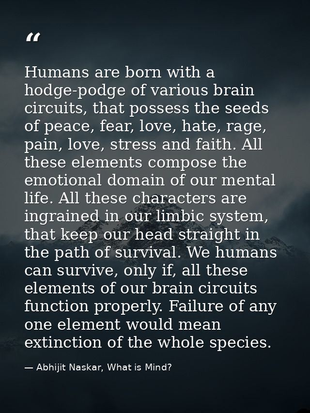 Humans are born with a hodge-podge of various brain circuits, that possess the seeds of peace, fear, love, hate, rage, p — Abhijit Naskar, What is Mind?