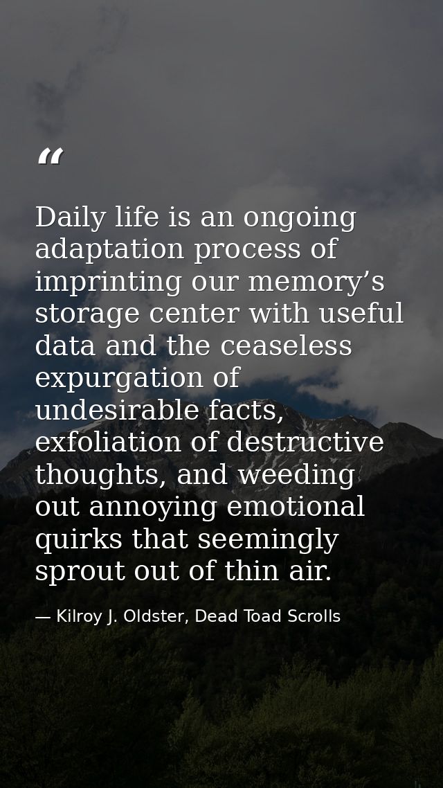 Daily life is an ongoing adaptation process of imprinting our memory’s storage center with useful data and the ceaseless — Kilroy J. Oldster, Dead Toad Scrolls