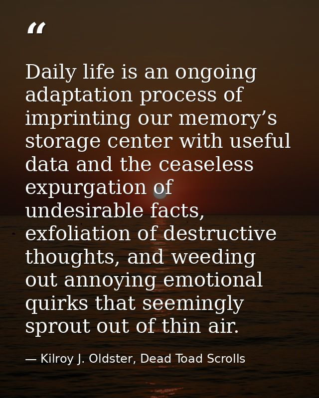 Daily life is an ongoing adaptation process of imprinting our memory’s storage center with useful data and the ceaseless — Kilroy J. Oldster, Dead Toad Scrolls