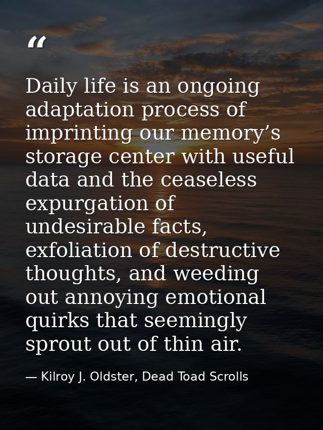 Daily life is an ongoing adaptation process of imprinting our memory’s storage center with useful data and the ceaseless — Kilroy J. Oldster, Dead Toad Scrolls