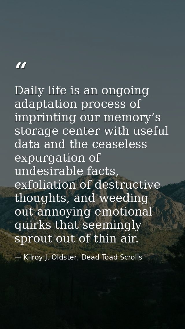Daily life is an ongoing adaptation process of imprinting our memory’s storage center with useful data and the ceaseless — Kilroy J. Oldster, Dead Toad Scrolls