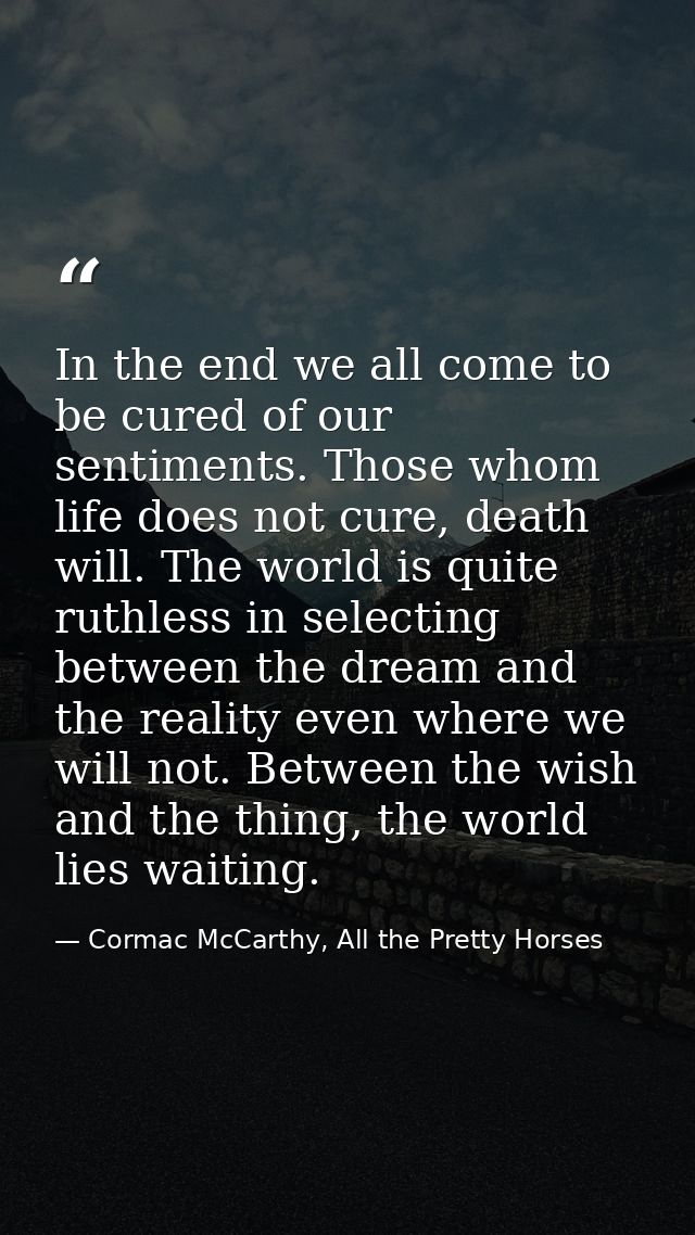 In the end we all come to be cured of our sentiments. Those whom life does not cure, death will. The world is quite ruth — Cormac McCarthy, All the Pretty Horses