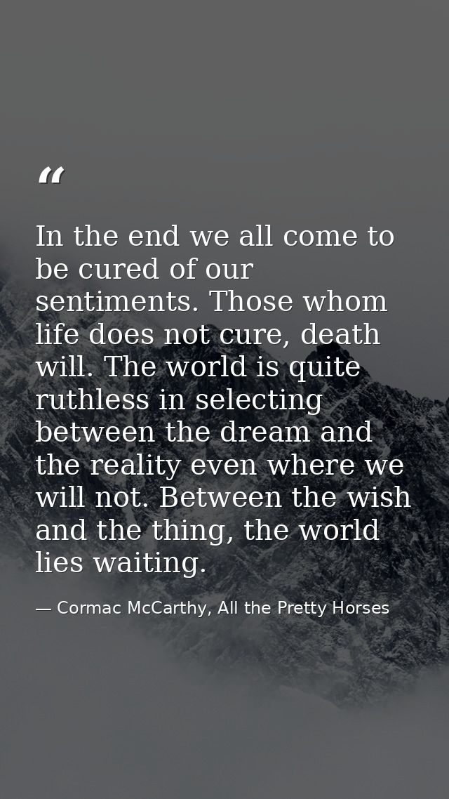 In the end we all come to be cured of our sentiments. Those whom life does not cure, death will. The world is quite ruth — Cormac McCarthy, All the Pretty Horses