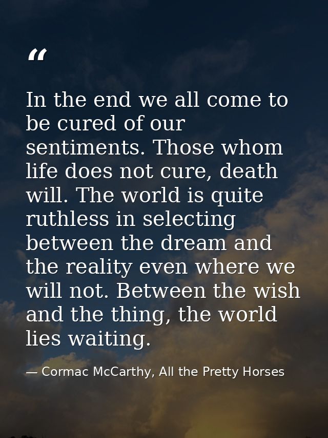 In the end we all come to be cured of our sentiments. Those whom life does not cure, death will. The world is quite ruth — Cormac McCarthy, All the Pretty Horses