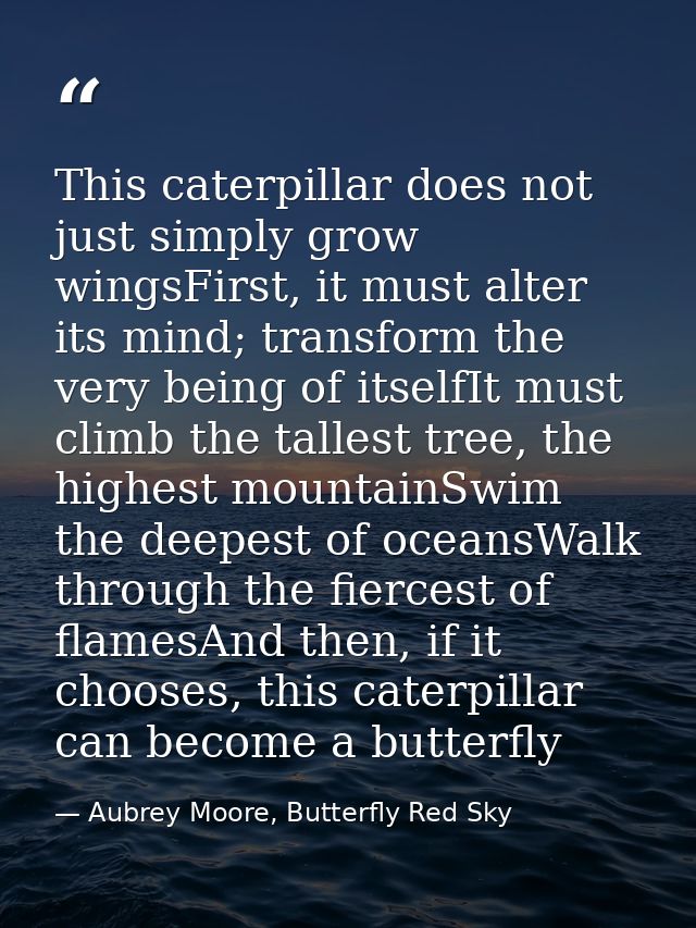 This caterpillar does not just simply grow wingsFirst, it must alter its mind; transform the very being of itselfIt must — Aubrey Moore, Butterfly Red Sky