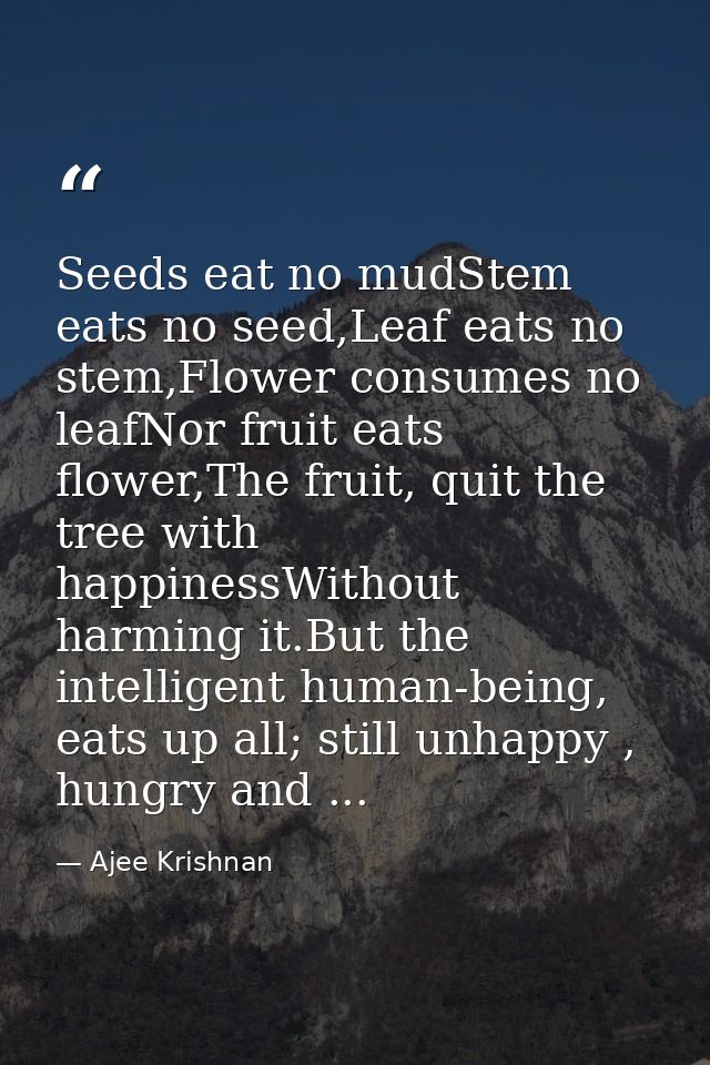 Seeds eat no mudStem eats no seed,Leaf eats no stem,Flower consumes no leafNor fruit eats flower,The fruit, quit the tre — Ajee Krishnan