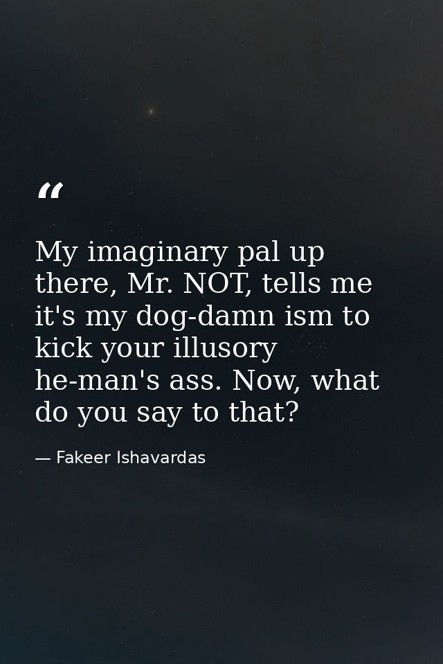 My imaginary pal up there, Mr. NOT, tells me it's my dog-damn ism to kick your illusory he-man's ass. Now, what do you s — Fakeer Ishavardas
