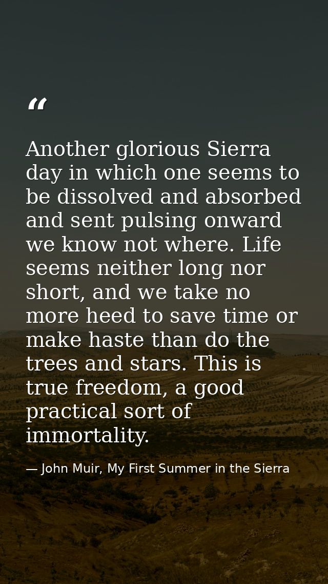 Another glorious Sierra day in which one seems to be dissolved and absorbed and sent pulsing onward we know not where. L — John Muir, My First Summer in the Sierra