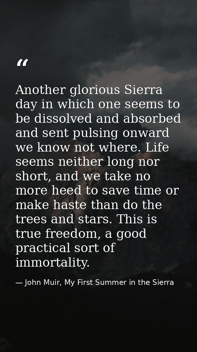 Another glorious Sierra day in which one seems to be dissolved and absorbed and sent pulsing onward we know not where. L — John Muir, My First Summer in the Sierra