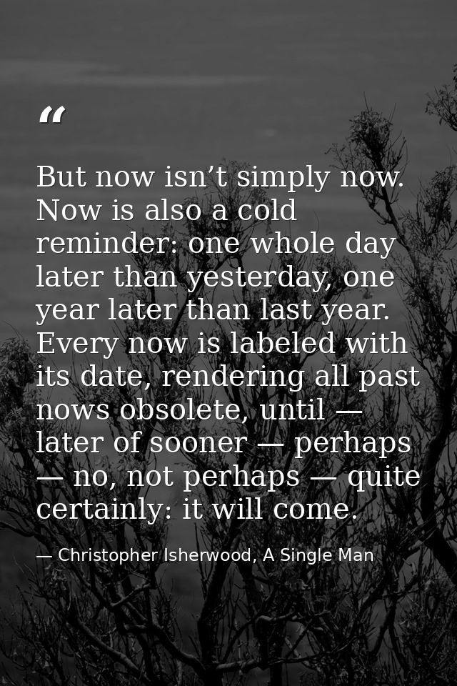 But now isn’t simply now. Now is also a cold reminder: one whole day later than yesterday, one year later than last year — Christopher Isherwood, A Single Man