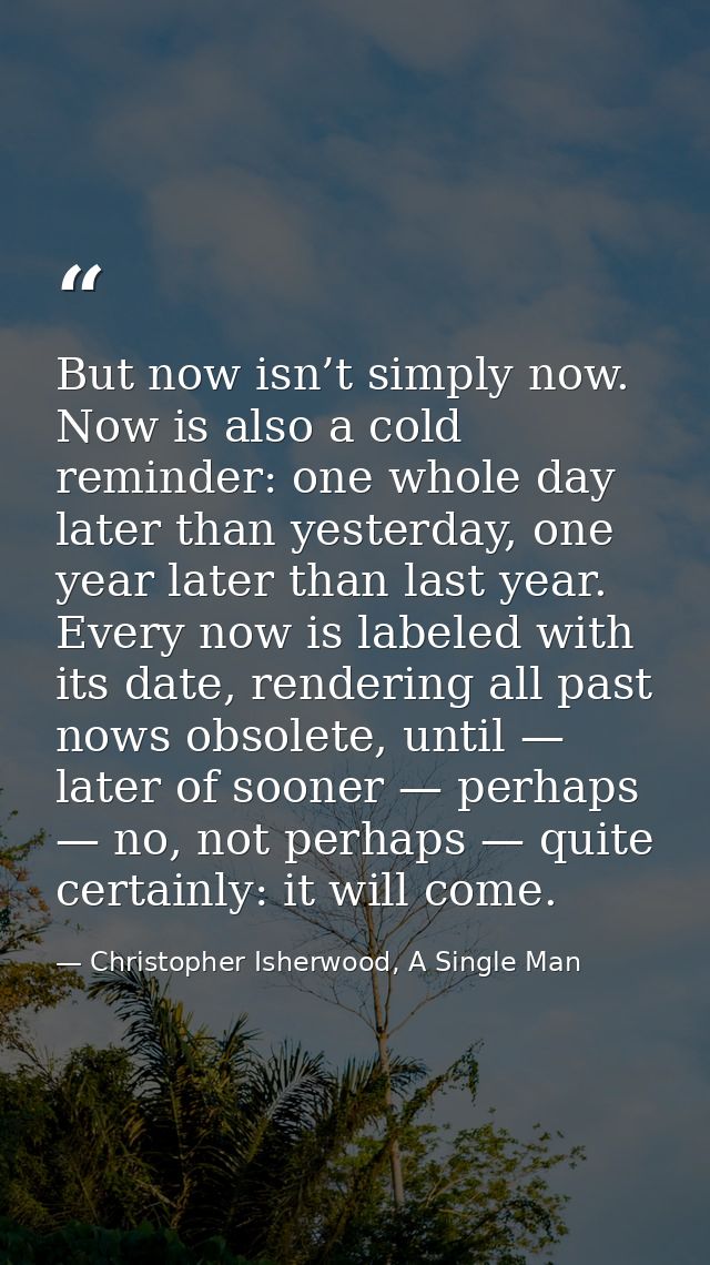 But now isn’t simply now. Now is also a cold reminder: one whole day later than yesterday, one year later than last year — Christopher Isherwood, A Single Man
