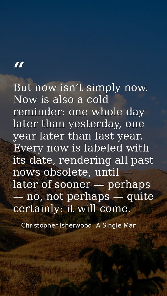 But now isn’t simply now. Now is also a cold reminder: one whole day later than yesterday, one year later than last year — Christopher Isherwood, A Single Man