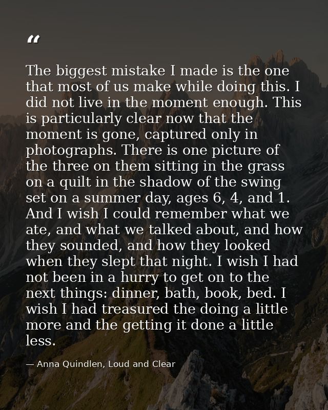 The biggest mistake I made is the one that most of us make while doing this. I did not live in the moment enough. This i — Anna Quindlen, Loud and Clear