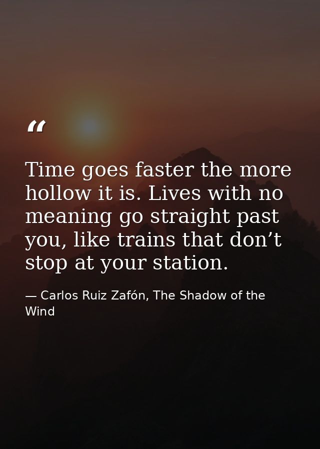 Time goes faster the more hollow it is. Lives with no meaning go straight past you, like trains that don’t stop at your  — Carlos Ruiz Zafón, The Shadow of the Wind