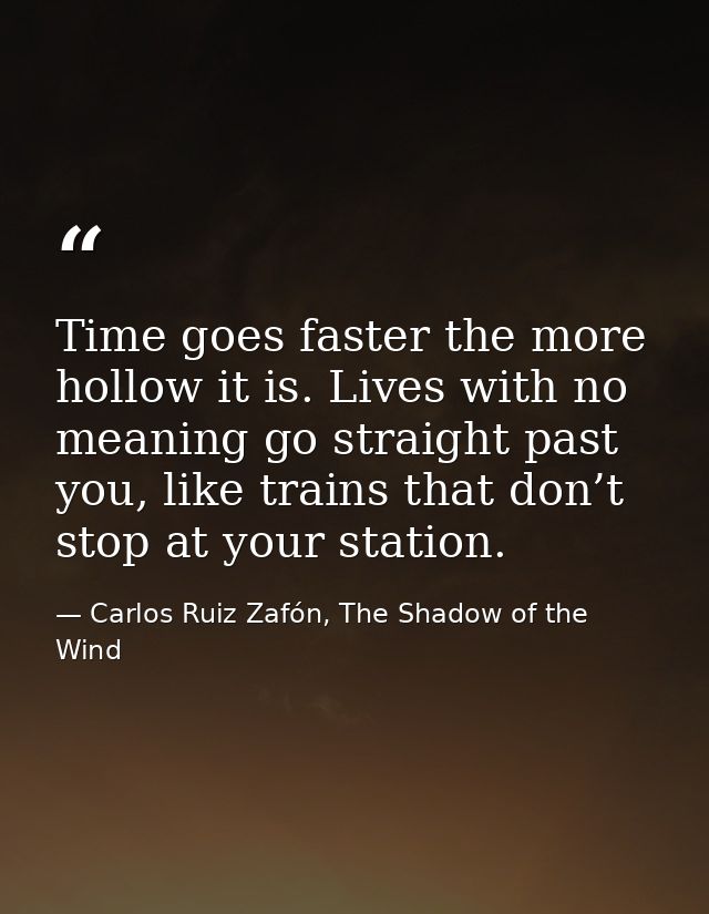 Time goes faster the more hollow it is. Lives with no meaning go straight past you, like trains that don’t stop at your  — Carlos Ruiz Zafón, The Shadow of the Wind