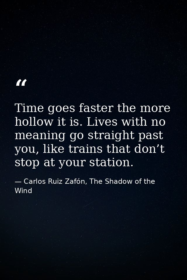 Time goes faster the more hollow it is. Lives with no meaning go straight past you, like trains that don’t stop at your  — Carlos Ruiz Zafón, The Shadow of the Wind