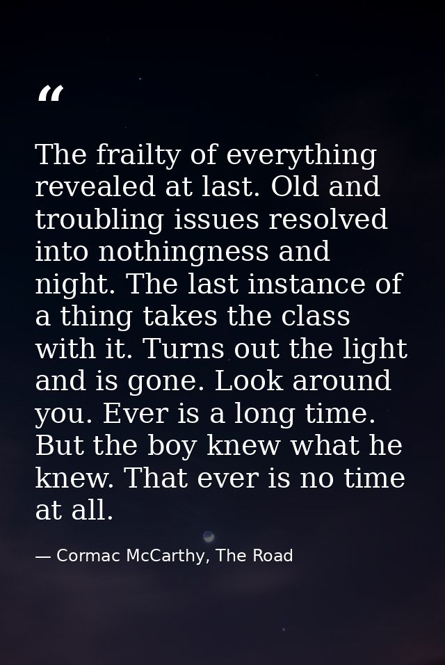 The frailty of everything revealed at last. Old and troubling issues resolved into nothingness and night. The last insta — Cormac McCarthy, The Road