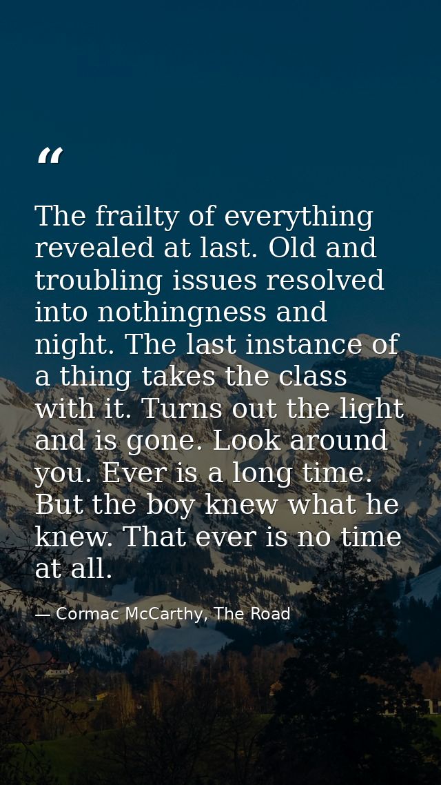 The frailty of everything revealed at last. Old and troubling issues resolved into nothingness and night. The last insta — Cormac McCarthy, The Road