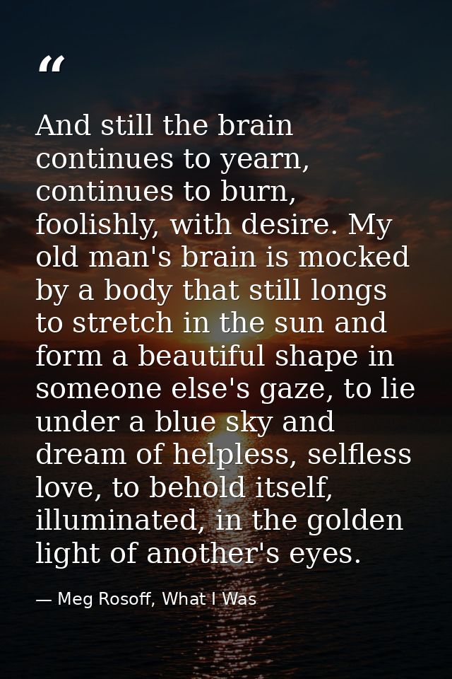 And still the brain continues to yearn, continues to burn, foolishly, with desire. My old man's brain is mocked by a bod — Meg Rosoff, What I Was