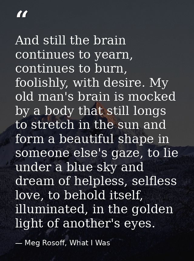 And still the brain continues to yearn, continues to burn, foolishly, with desire. My old man's brain is mocked by a bod — Meg Rosoff, What I Was