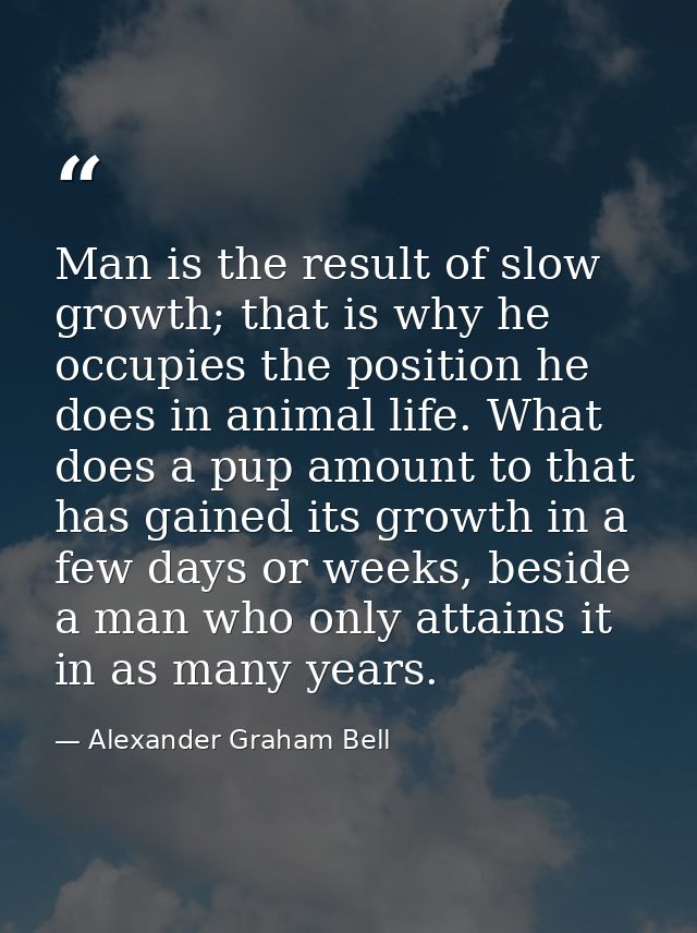 Man is the result of slow growth; that is why he occupies the position he does in animal life. What does a pup amount to — Alexander Graham Bell