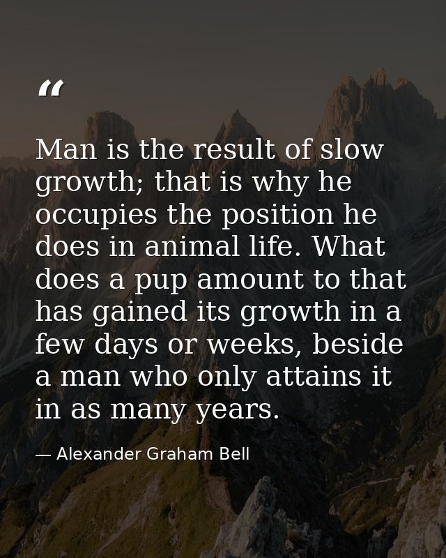 Man is the result of slow growth; that is why he occupies the position he does in animal life. What does a pup amount to — Alexander Graham Bell