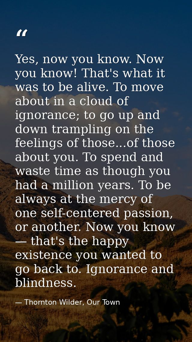Yes, now you know. Now you know! That's what it was to be alive. To move about in a cloud of ignorance; to go up and dow — Thornton Wilder, Our Town