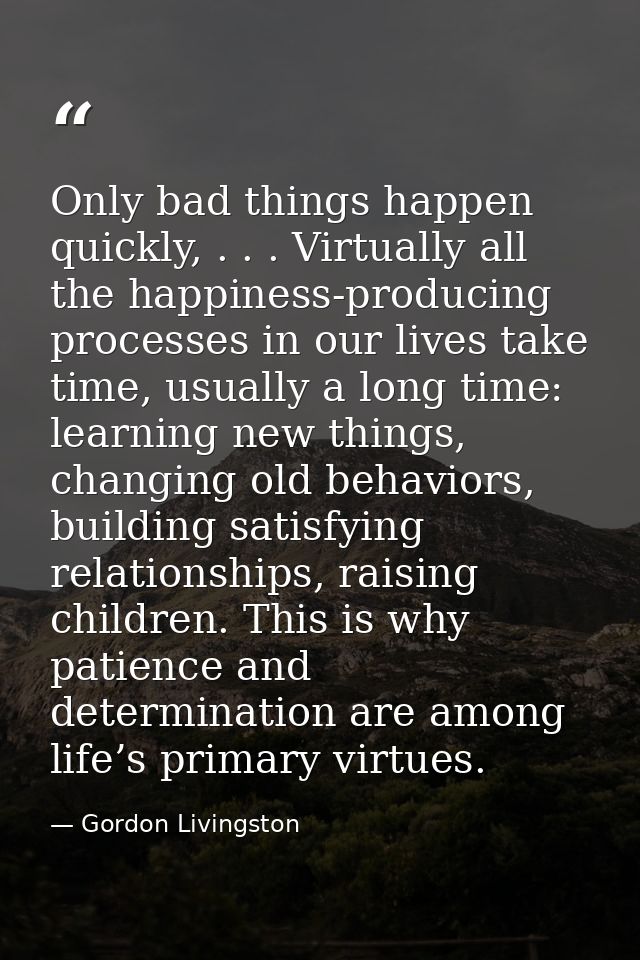 Only bad things happen quickly, . . . Virtually all the happiness-producing processes in our lives take time, usually a  — Gordon Livingston
