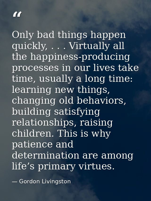 Only bad things happen quickly, . . . Virtually all the happiness-producing processes in our lives take time, usually a  — Gordon Livingston