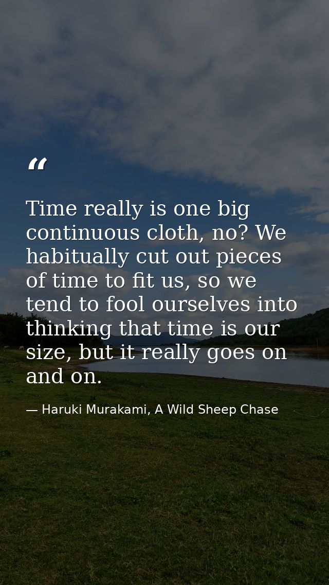 Time really is one big continuous cloth, no? We habitually cut out pieces of time to fit us, so we tend to fool ourselve — Haruki Murakami, A Wild Sheep Chase