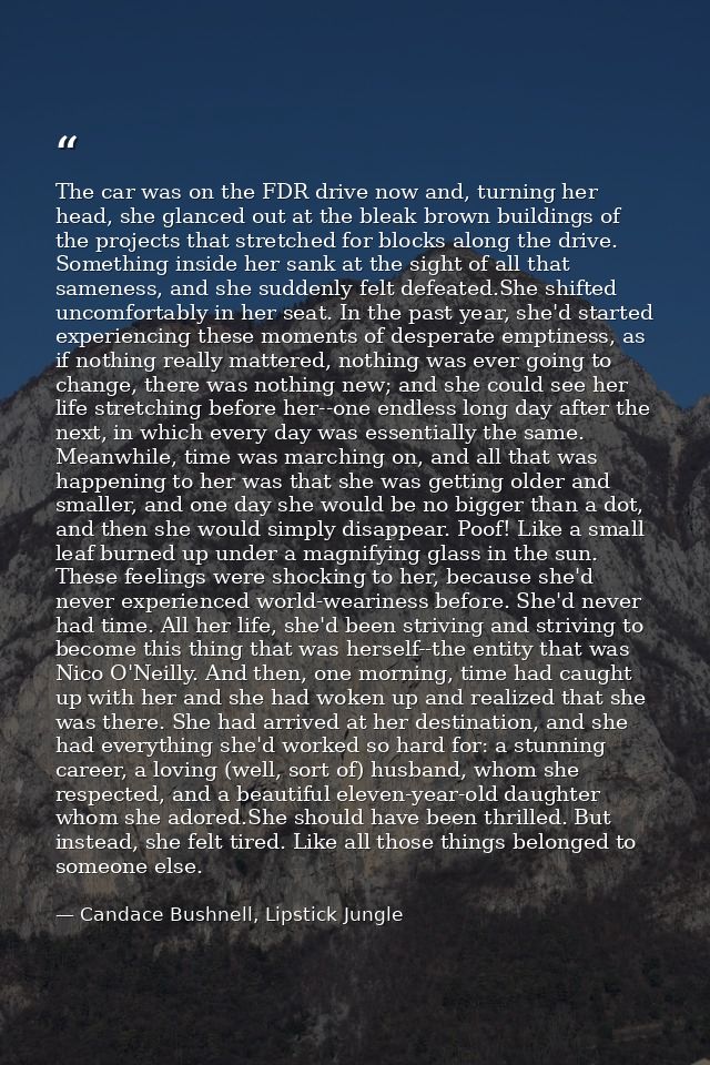 The car was on the FDR drive now and, turning her head, she glanced out at the bleak brown buildings of the projects tha — Candace Bushnell, Lipstick Jungle